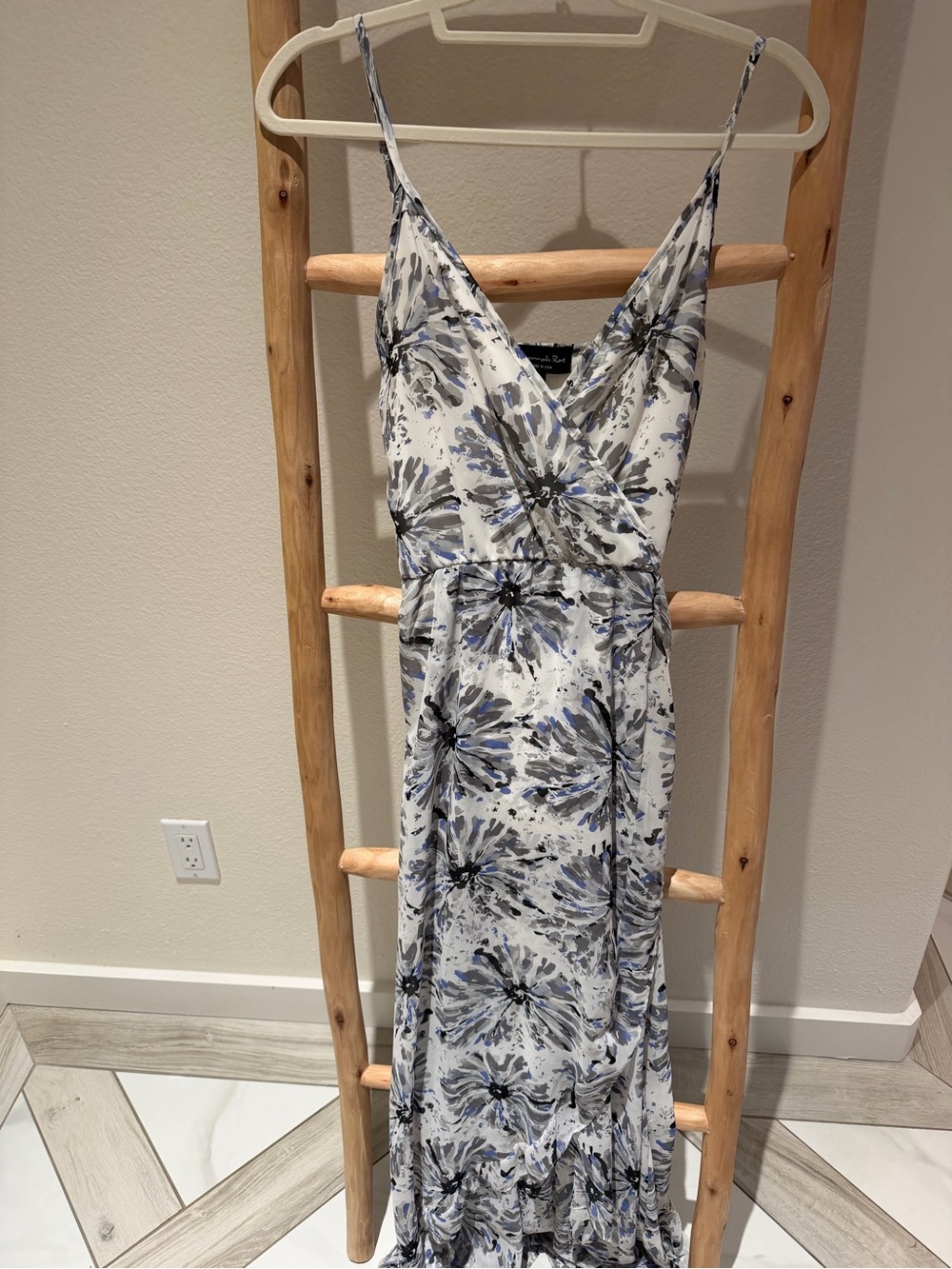 Savannah White Maxi Dress with Blue and Black Floral Pattern